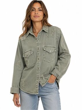 Zara Relaxed Fit Denim distressed‎ Olive Green Women's denim shirt size small